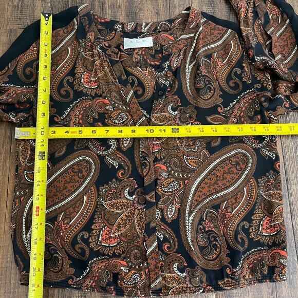 A.L.C. Racci Print Silk Blouse Sheer Long Sleeve Paisley Size Medium Brown Black - Picture 13 of 16
